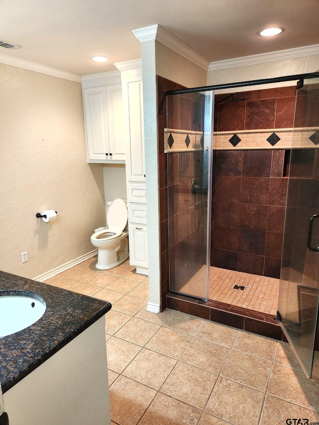 bathroom featuring tile patterned floors, walk in shower, and ornamental molding