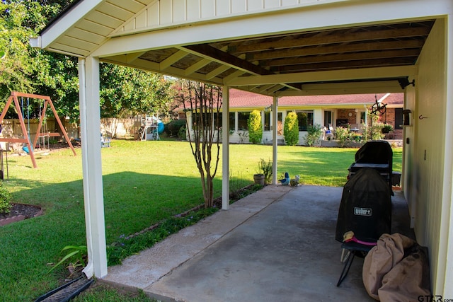 view of patio with a gazebo and a playground