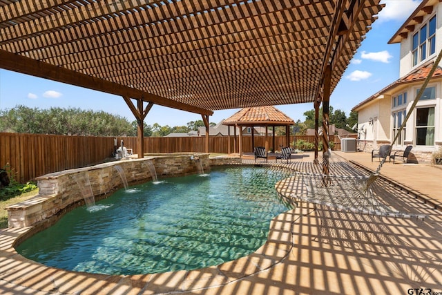 view of pool featuring central AC, a patio, a gazebo, and pool water feature