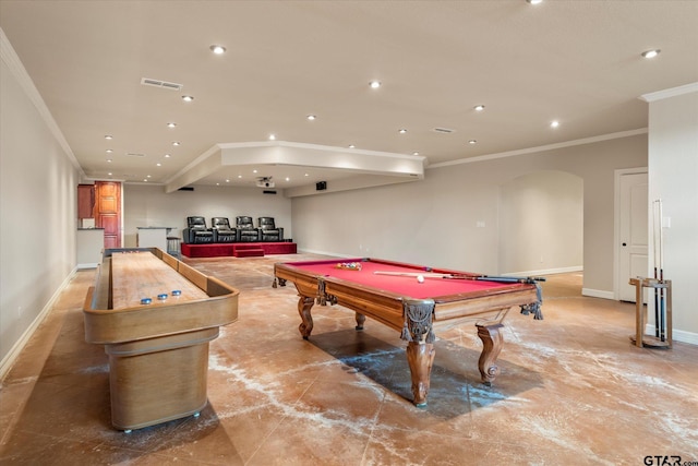 playroom with ornamental molding and billiards