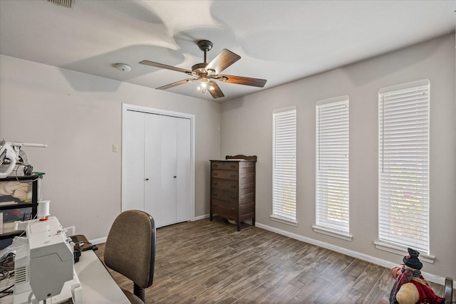 113 Granada Sq, Canton, TX 75103 - home office with ceiling fan, wood finished floors, and baseboards