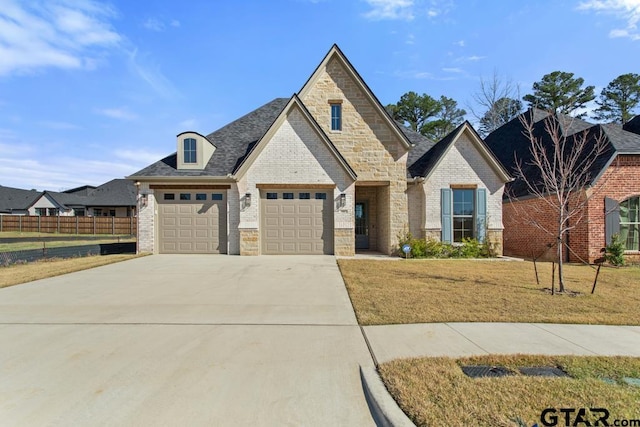 french country style house featuring brick siding, driveway, a garage, and fence