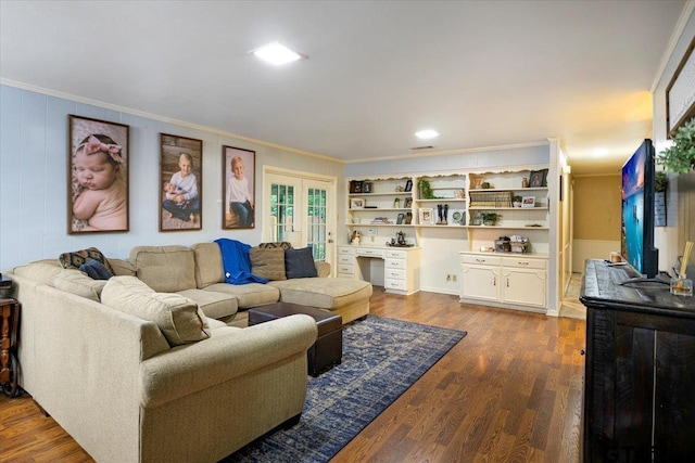 315 Ridgecrest Dr, Tyler, TX 75701 - living room featuring ornamental molding, french doors, and dark wood-type flooring