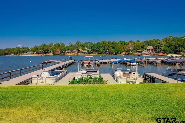 dock area featuring a water view and a yard