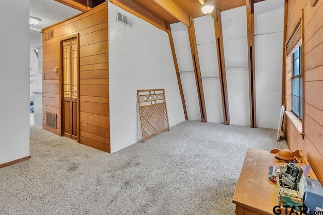 interior space featuring wood walls and carpet flooring