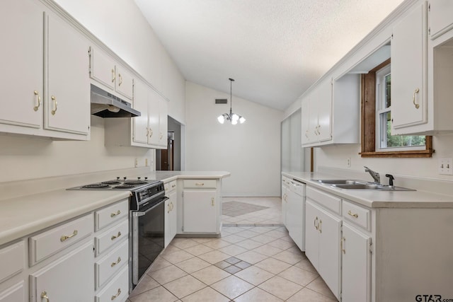 kitchen featuring black stove, vaulted ceiling, sink, pendant lighting, and white cabinets