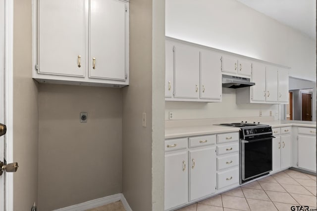 kitchen featuring black stove, white cabinets, and light tile patterned floors