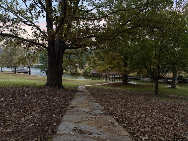 view of community with a yard and a water view