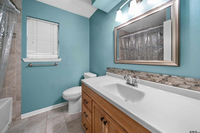 full bathroom with shower / bathtub combination with curtain, vanity, toilet, and tile patterned flooring