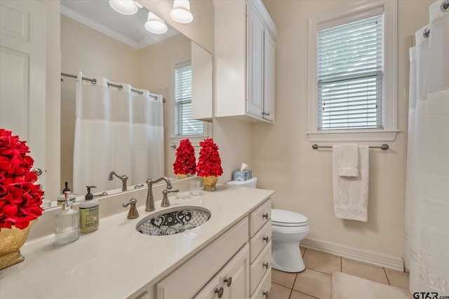 3953 Hanover Pl, Tyler, TX 75701 - bathroom with vanity, tile patterned floors, crown molding, and a shower with curtain