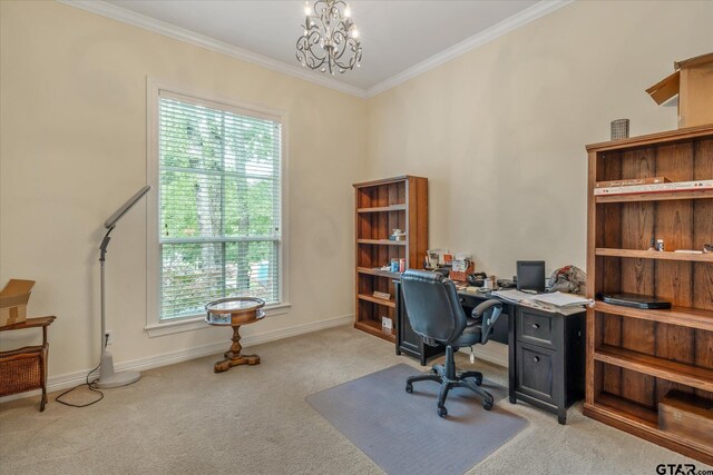 3953 Hanover Pl, Tyler, TX 75701 - office featuring light carpet, crown molding, and a chandelier