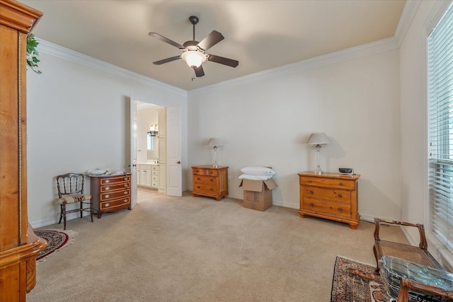 3953 Hanover Pl, Tyler, TX 75701 - carpeted bedroom with ornamental molding, ensuite bath, and a ceiling fan