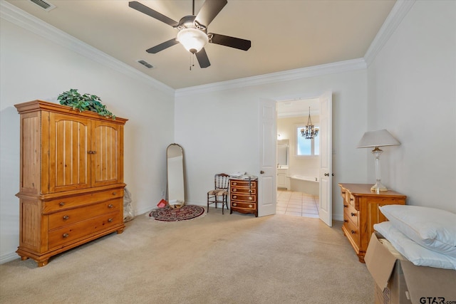 3953 Hanover Pl, Tyler, TX 75701 - bedroom with crown molding, light colored carpet, ensuite bathroom, a ceiling fan, and a chandelier