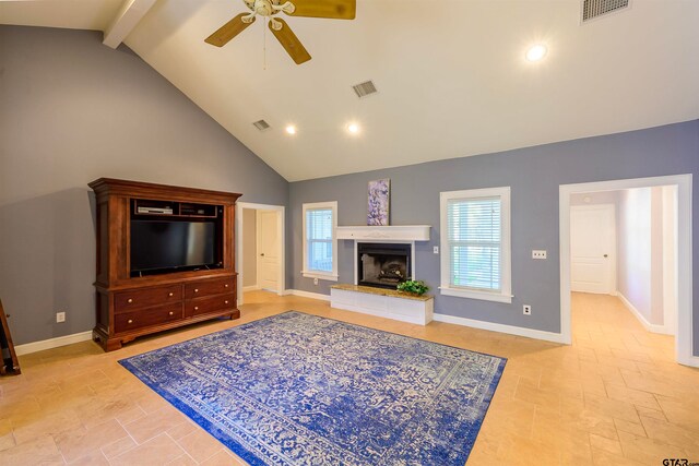 living room with high vaulted ceiling, beamed ceiling, and ceiling fan