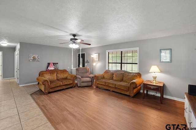 260 County Road 2302, Rusk, TX 75785 - living room featuring a ceiling fan, a textured ceiling, baseboards, and light wood finished floors