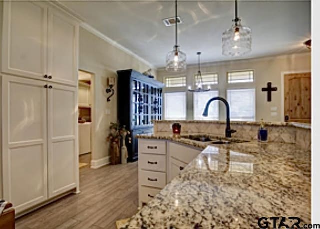 kitchen with crown molding, white cabinets, wood finished floors, light stone counters, and a sink