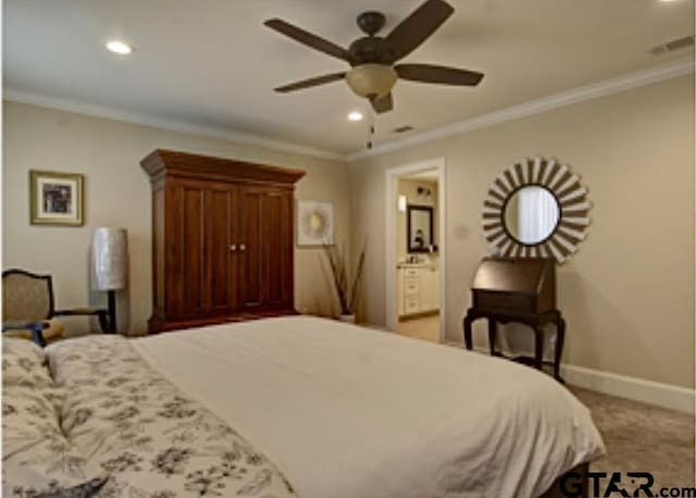 bedroom with crown molding, ceiling fan, baseboards, and recessed lighting