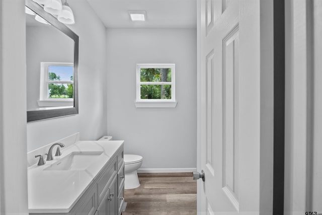 bathroom with vanity, toilet, and hardwood / wood-style floors