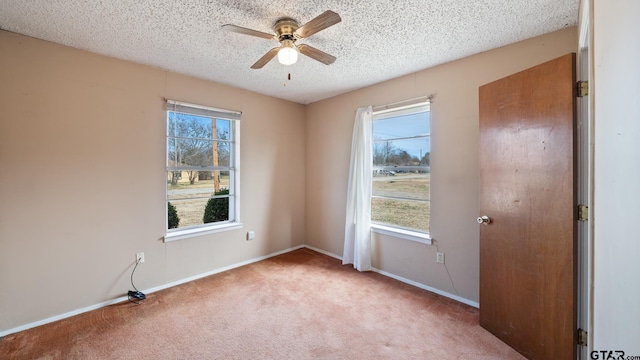 empty room with ceiling fan, carpet floors, and a textured ceiling