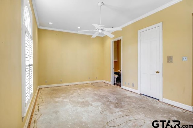 unfurnished room with crown molding, ceiling fan, recessed lighting, and baseboards