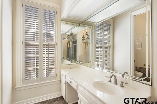 bathroom with toilet, vanity, and a wealth of natural light