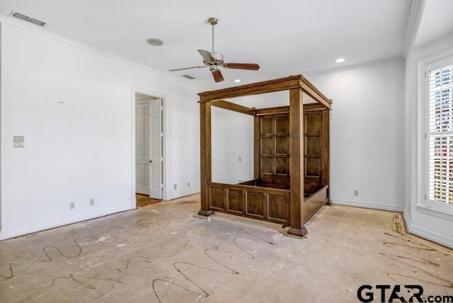 unfurnished living room with baseboards, visible vents, ceiling fan, and ornamental molding