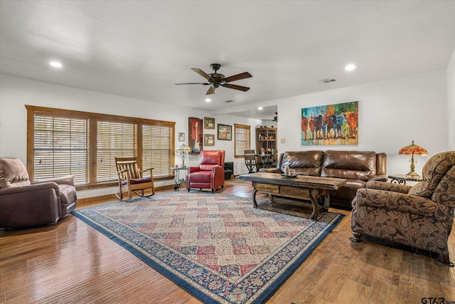 110 Vz County Road 2121, Canton, TX 75103 - living room with ceiling fan, wood finished floors, visible vents, and recessed lighting