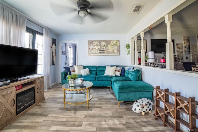 living room featuring ceiling fan, visible vents, and light wood-type flooring