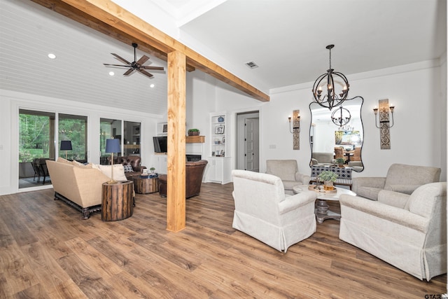 living room featuring visible vents, wood finished floors, lofted ceiling with beams, and recessed lighting