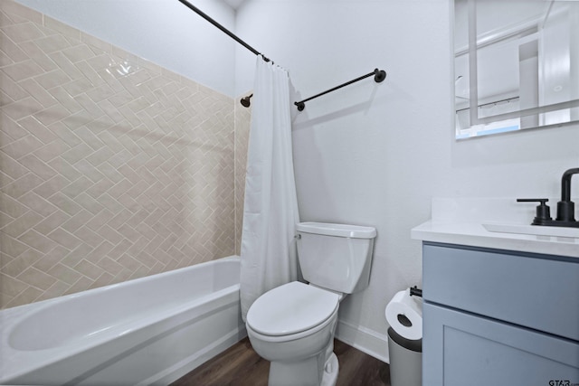 full bathroom with wood-type flooring, shower / bath combination with curtain, toilet, and vanity