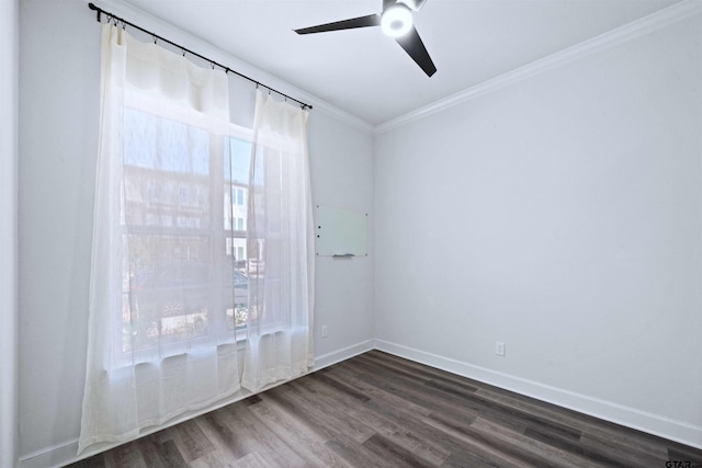 unfurnished room with ceiling fan, dark hardwood / wood-style floors, and ornamental molding