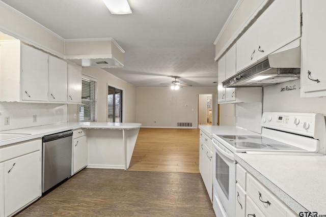 kitchen with electric stove, dark wood-type flooring, white cabinets, stainless steel dishwasher, and kitchen peninsula