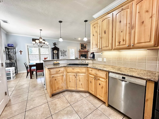 kitchen with kitchen peninsula, crown molding, sink, an inviting chandelier, and dishwasher