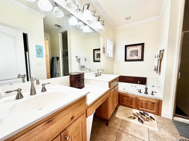 bathroom with separate shower and tub, tile patterned floors, vanity, and ornamental molding