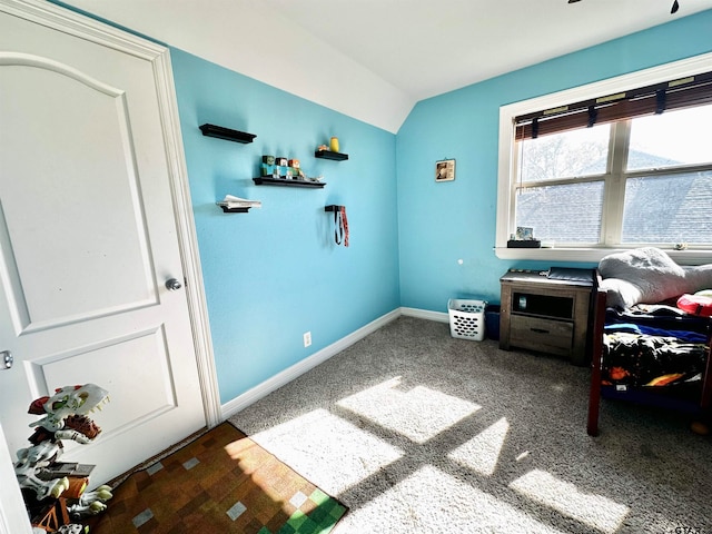 carpeted bedroom featuring lofted ceiling