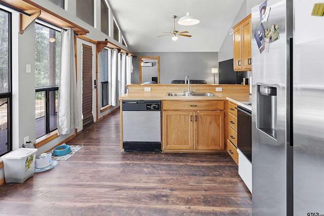 kitchen with stainless steel appliances, dark wood-type flooring, vaulted ceiling, a sink, and a peninsula