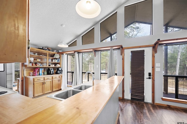 kitchen featuring decorative light fixtures, dark wood finished floors, open shelves, a sink, and a textured ceiling