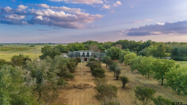 aerial view at dusk featuring a rural view