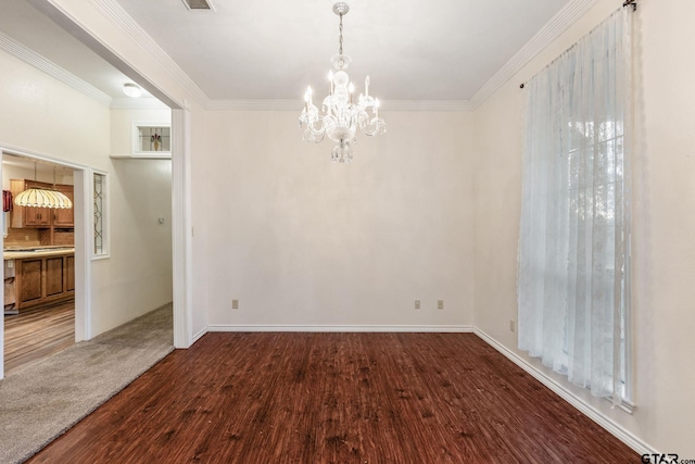 unfurnished dining area featuring a chandelier, dark hardwood / wood-style flooring, and ornamental molding