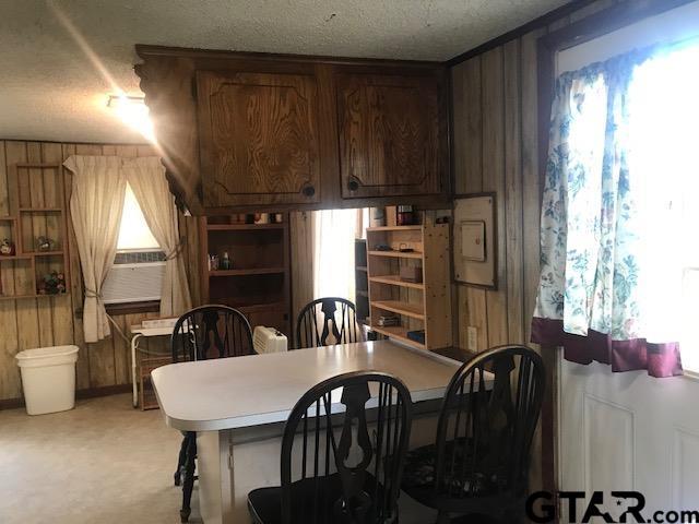 carpeted dining space featuring wood walls and a textured ceiling