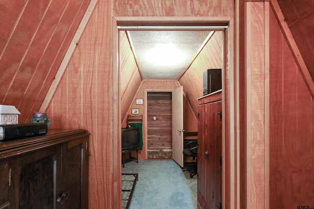 interior space with carpet flooring and wood walls