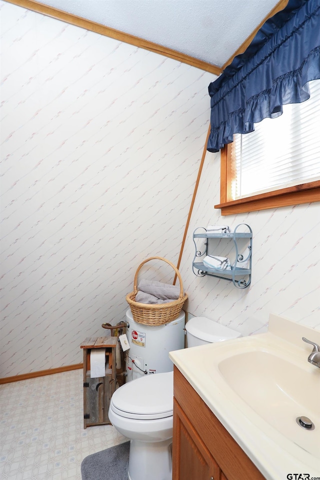 bathroom featuring vanity, toilet, and crown molding