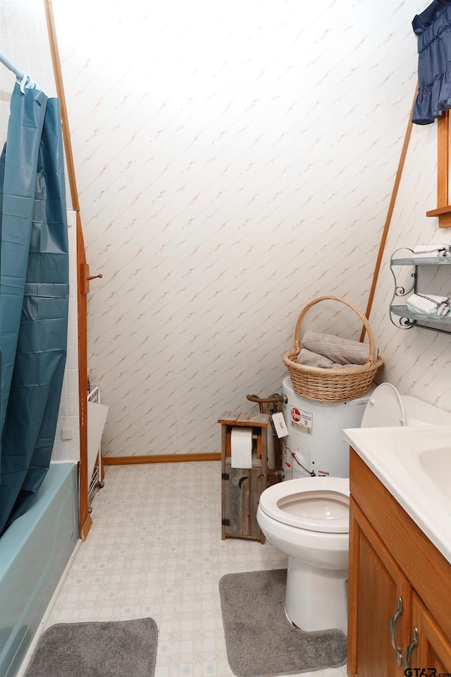 full bathroom with vanity, shower / tub combo, and toilet