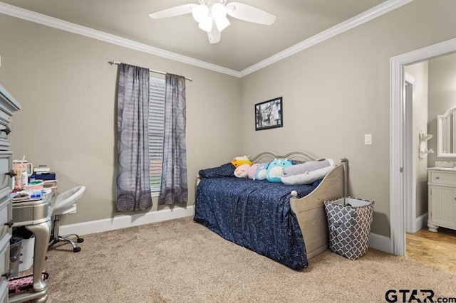 bedroom featuring ceiling fan, light colored carpet, and ornamental molding