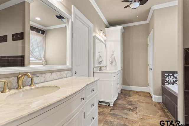 bathroom with a relaxing tiled tub, ceiling fan, crown molding, and vanity