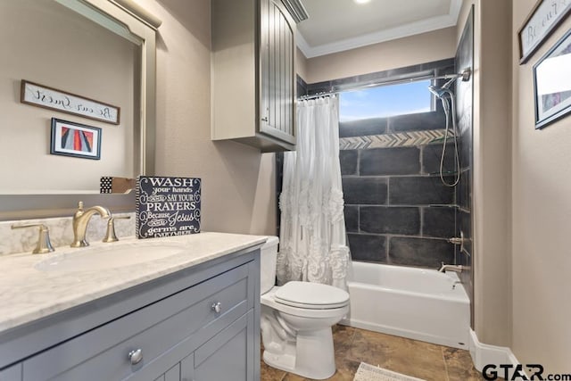 full bathroom with shower / bath combo, vanity, toilet, and crown molding