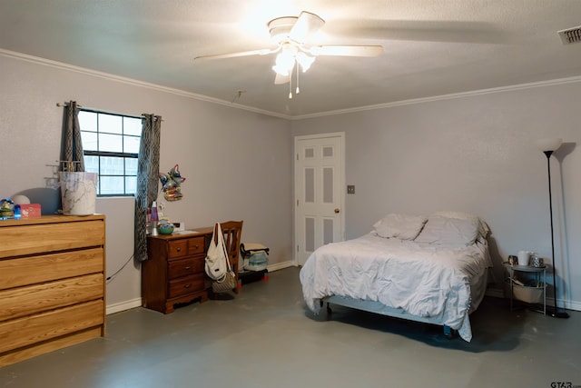 bedroom with ceiling fan and crown molding