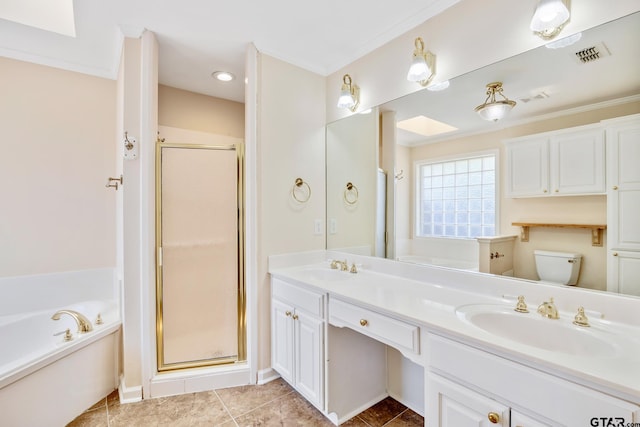 full bathroom featuring separate shower and tub, crown molding, vanity, and toilet