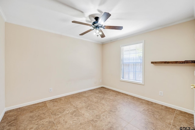 spare room featuring ceiling fan and ornamental molding