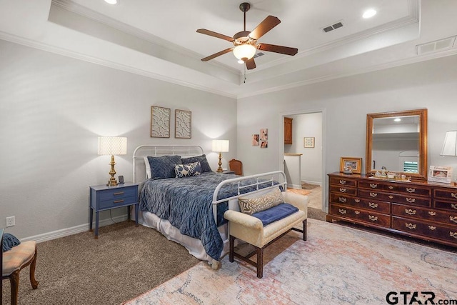 4133 Colina Trl, Tyler, TX 75707 - bedroom featuring a tray ceiling, crown molding, light carpet, recessed lighting, and ceiling fan